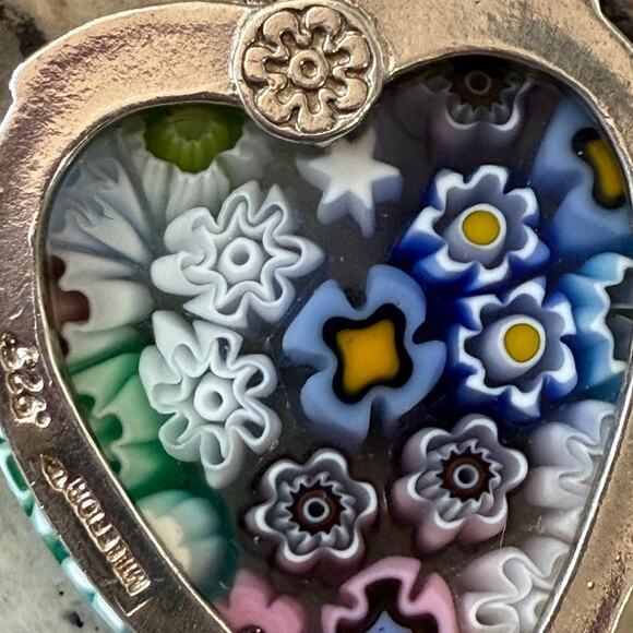 Vintage 925 Millefiori Heart Pendant Necklace Sterling Italy Glass Alan K Signed - Picture 11 of 15